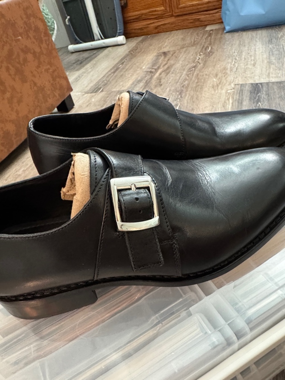 Men's Black Leather Single Monk Strap Dress Oxfords - Picture 2 of 5
